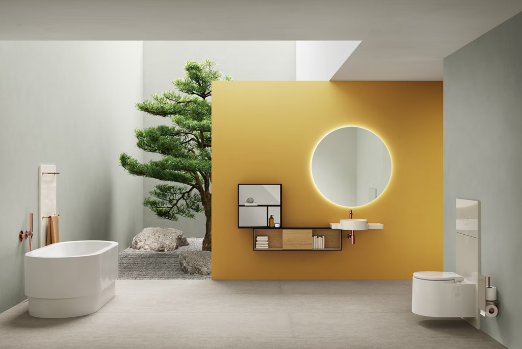 Salle de bian jaune nature miroir rond baignoire Arik Levy Vitra