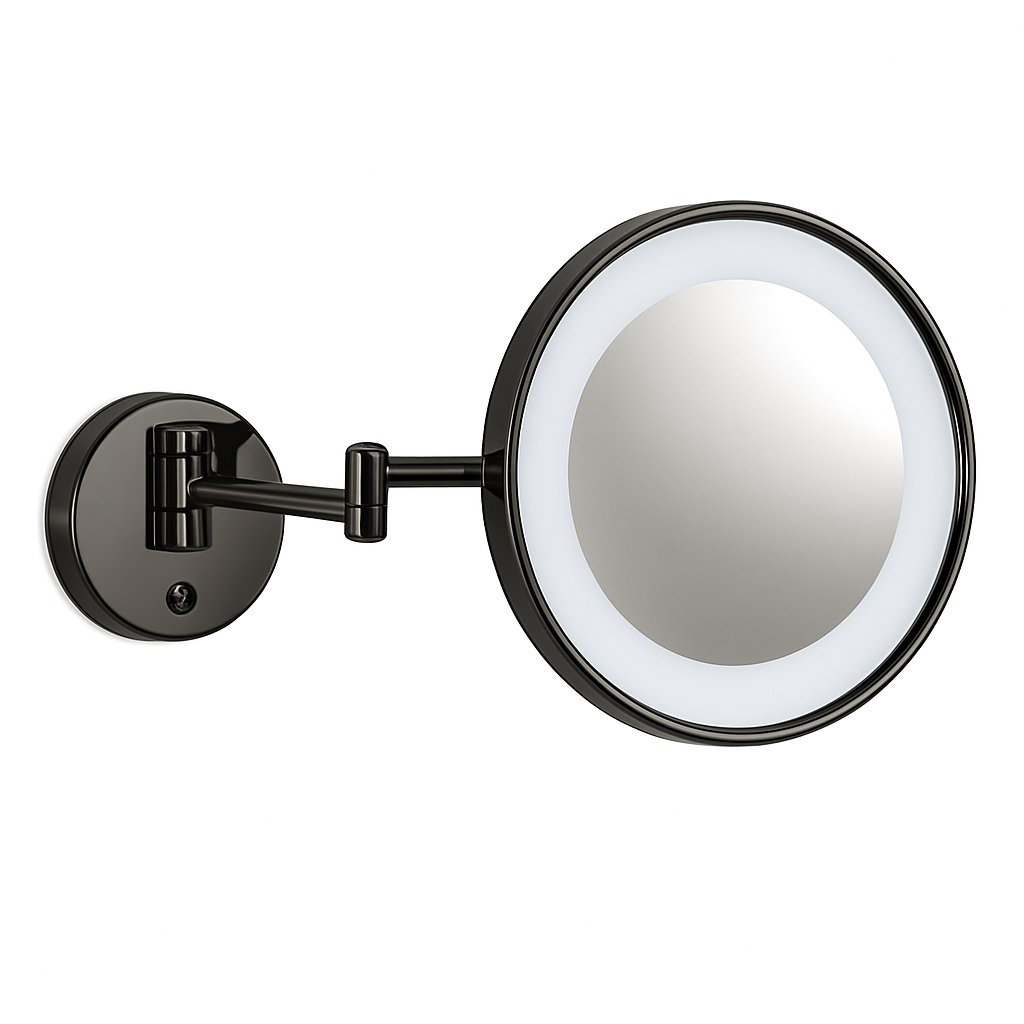Miroir lumineux rond à pile à fixer au mur de la marsque treesseci - collection Specchi Ingranditori - CFS Polished Satin Black Nickel